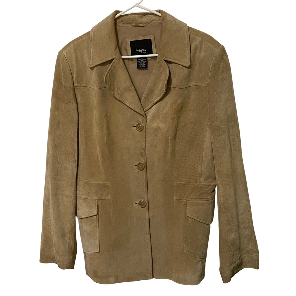 Womens Suede Leather Coat Jacket L Camel Tan‎ Bohemian Chic Western Americana